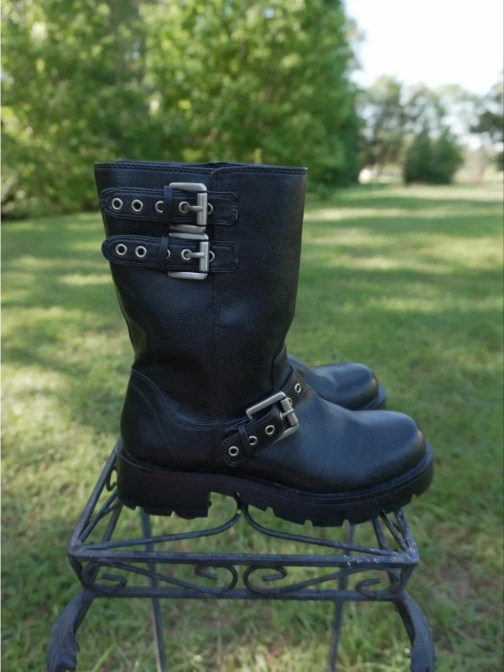 ZARA Women's Black Leather Biker Motorcycle Buckle Strap Mid-Calf Boots EU 37